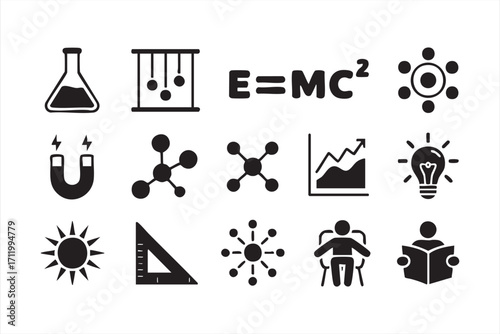 Vector set of science education icons with physics, chemistry, and math symbols