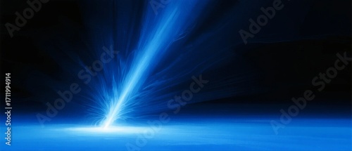 Blue Laser Beam with Bright Light Burst in Dark Background