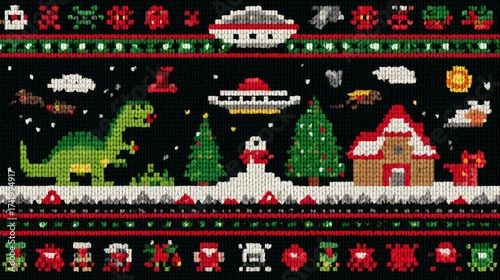 Ugly Christmas sweater front design in retro pixel art with dinosaurs, UFOs, aliens in Santa hats, funny parody holiday motifs and festive patterns on solid black background