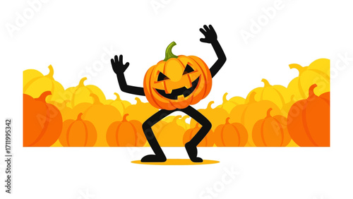 Dancing Halloween Pumpkin: A cheerful jack-o'-lantern, animated with joy, dances amidst a field of pumpkins, bringing a sense of whimsical glee to Halloween festivities.