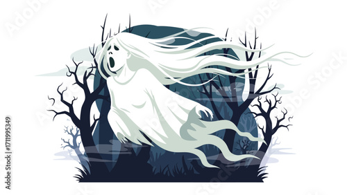 Haunted Spirit: A spectral figure drifts through a moonlit forest, its ethereal form illuminated against the backdrop of twisted branches and eerie fog, invoking the thrill of Halloween.
