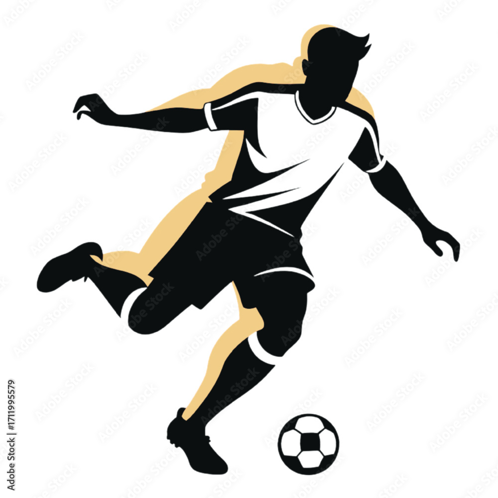 Naklejka premium Dynamic Black Soccer Player Silhouette Kicking Classic Ball Gold Outline Vector
