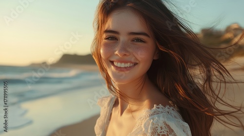 Wallpaper Mural Golden Hour Beach Portrait: A Stunning Young Woman's Joyful Smile at Sunset Torontodigital.ca