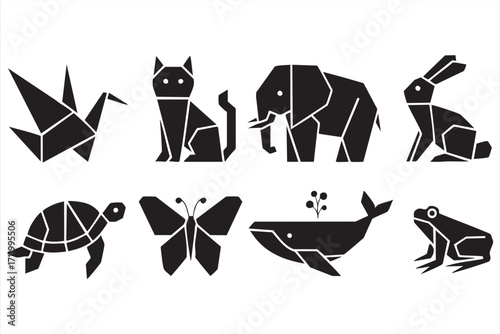 Black silhouette vector pack of origami inspired animals for creative projects