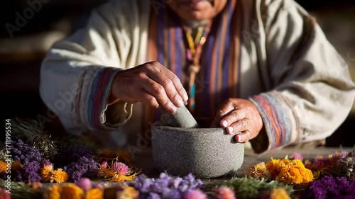 Wallpaper Mural Elder prepares natural remedies with mortar and pestle surrounded by dried flowers. Torontodigital.ca