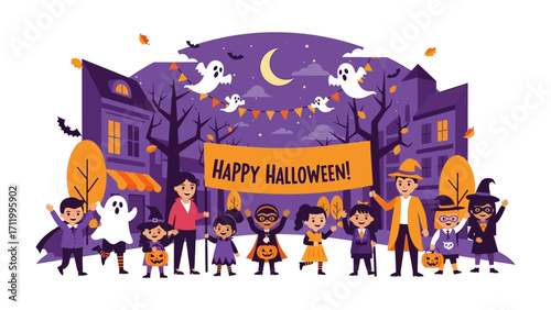 Halloween Scene: Animated children and adults are ready for trick or treating with pumpkin buckets under a night sky with ghosts and houses, a celebratory display.