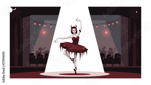 The Ballerina's Enchanted Encore: An ethereal ballerina graces the stage, her silhouette cast in a dramatic spotlight, embodying the beauty and darkness of the dance. 