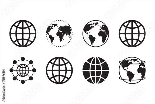 International globe icons showing continents and connections for travel and business