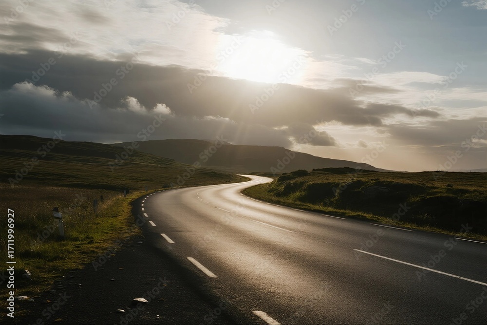Fototapeta premium Winding road under a sunny sky with clouds