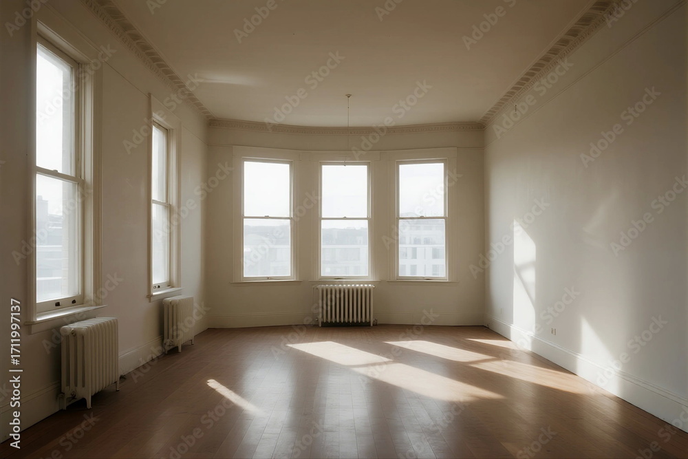 Obraz premium An empty room with large windows and wooden floor