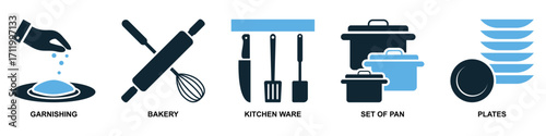 Set of cooking icon vector. Perfect for menus, food blogs, and kitchen themes. A versatile collection of simple, recognizable symbols representing various cooking activities and tools.