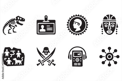 History and culture doodle icons with prehistoric art and traditional symbols