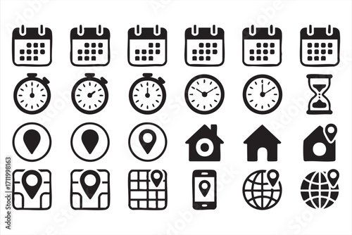 Vector set of calendar, time, and location icons for business and scheduling projects