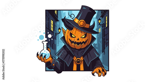 The Pumpkin's Cauldron: An enigmatic illustration of a jack-o'-lantern wizard, stirring a mystical potion with eerie allure, set against a moody, nocturnal alleyway, conjuring the spirit of Halloween.