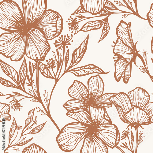Seamless floral linear vector concise vintage retro handmade pattern for fabric design, ceramics, postcards, flowers, textured printing on a light background