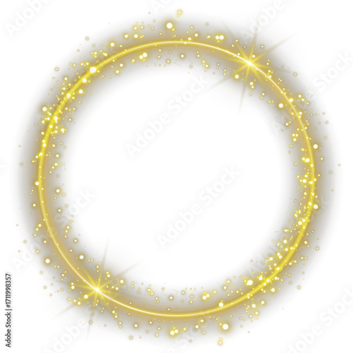 Glowing fire ring with golden sparkle dust on transparent background. Luminous circle light effect, vector shiny frame for luxury decoration, magical design, cosmic element, poster, or logo highlight.