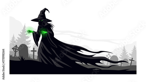 Eerie Witch in Graveyard: A sinister witch, cloaked in shadow, stands amid weathered tombstones in a spooky graveyard, exuding an aura of dark magic and mystery, a chilling scene.