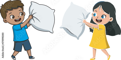Happy children playing pillow fight, cartoon boy and girl fun, kids laughing together, childhood joy, family activity, playful lifestyle illustration