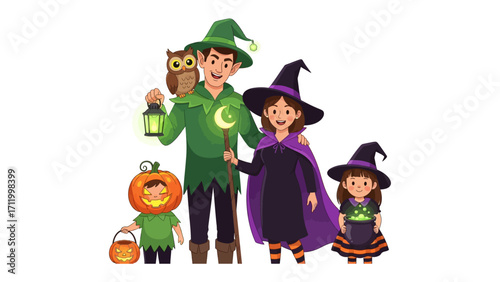 Halloween Family Fun: A joyful gathering of family in Halloween costumes, filled with laughter and holiday spirit.