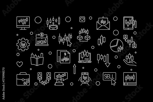 Crypto Market Trading vector linear illustration or horizontal banner on dark background
