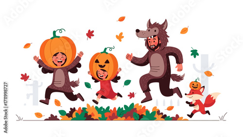 Spirited Halloween Parade: Delightful illustrations of four children, costumed as a pumpkin, fox and wolf frolic with glee. Surrounded by autumn leaves and the essence of the Halloween spirit. 