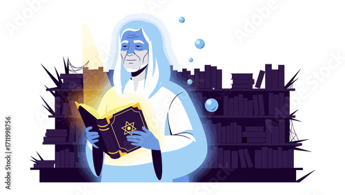 Mystical Librarian Unveiled: An aged librarian, shrouded in an aura, pores over a spellbinding tome illuminating their knowledge. Books and light create an enchanting scene.