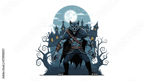 Werewolf Under the Moon: A ferocious werewolf stands against a haunted mansion backdrop, bathed in the ethereal glow of a full moon. A dark.