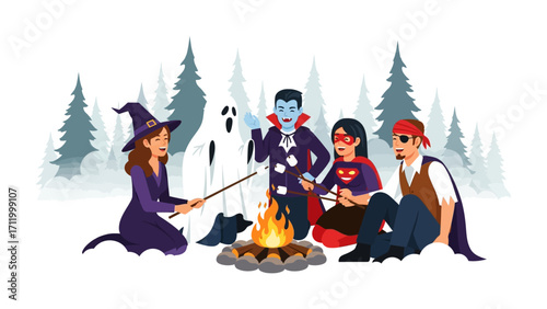Halloween Campfire Gathering: A group of friends, dressed in various costumes around a campfire, sharing stories and laughter in a vibrant cartoon illustration.
