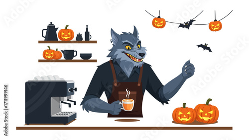 Werewolf Barista's Halloween Brew: In a spooky Halloween scene, a werewolf barista prepares coffee with a cheerful thumbs-up amidst festive decorations like pumpkins and hanging lights.