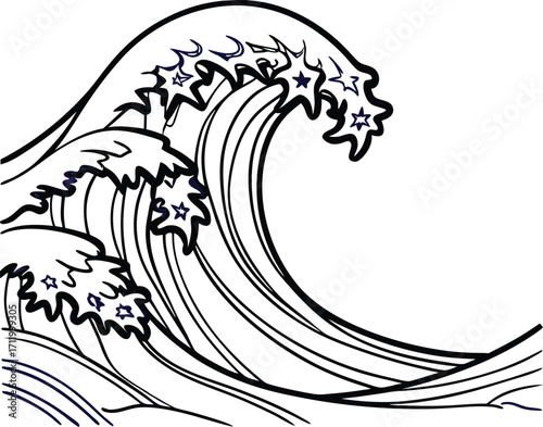 Dynamic ocean wave illustration with star accents creates a powerful visual impact design element