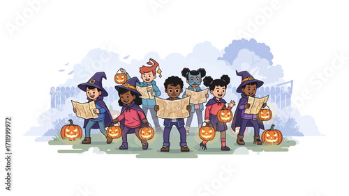 Halloween Expedition: A band of young adventurers, adorned in imaginative costumes and clutching illuminated pumpkins, embark on a mystical quest, led by maps.