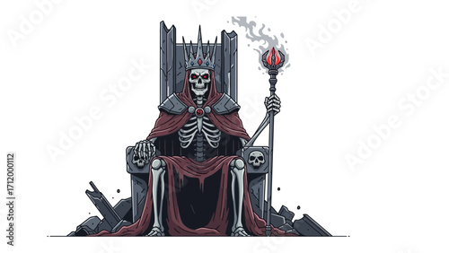 Dark Throne: A skeletal king, crowned and cloaked, presides over a decaying throne, clutching a flaming scepter in this chilling fantasy tableau.