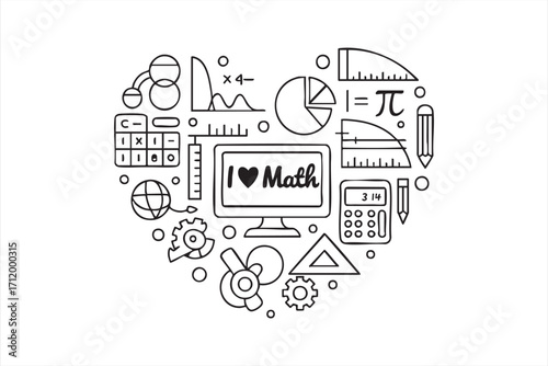 Love for math icon set with academic symbols and educational elements arranged in heart