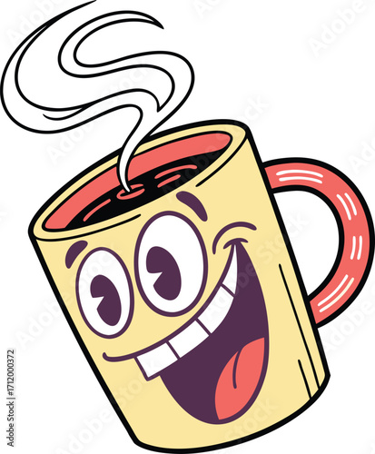Cheerful cartoon coffee mug mascot character exuding happiness and positive energy for morning beverage enjoyment