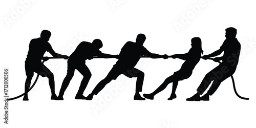 Silhouettes of people playing tug of war against each other