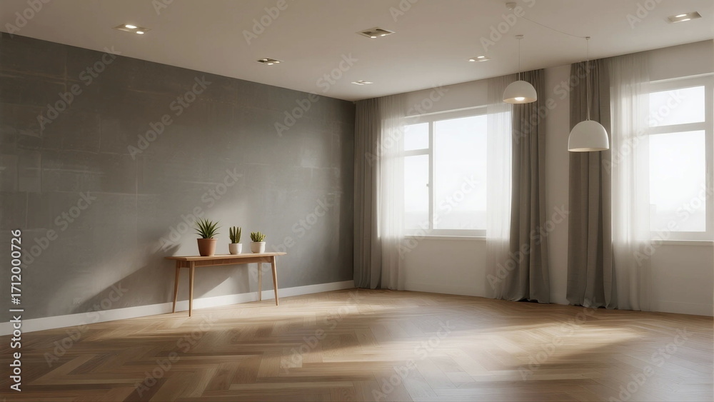 Obraz premium Modern empty room with wooden floor and large windows