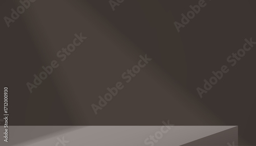 Dark brown background with shadow,light on empty podium stage mockup for Autumn.Brown Chocolate Studio with spotlight on wall room design in modern look for Black Friday Product display presentation
