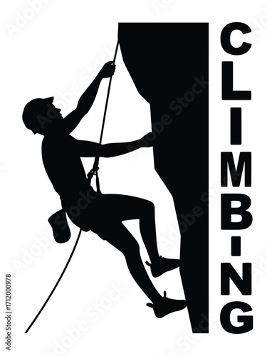 Silhouette of a rock climber scaling a sheer cliff face