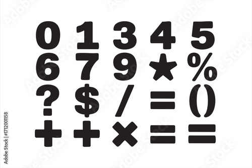 Typography set of numbers and symbols including math operations for creative design