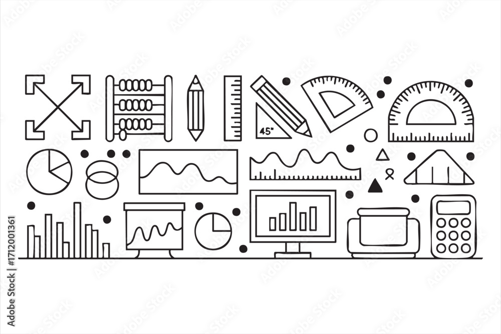 Fototapeta premium Education doodle set featuring math and science tools for creative vector backgrounds