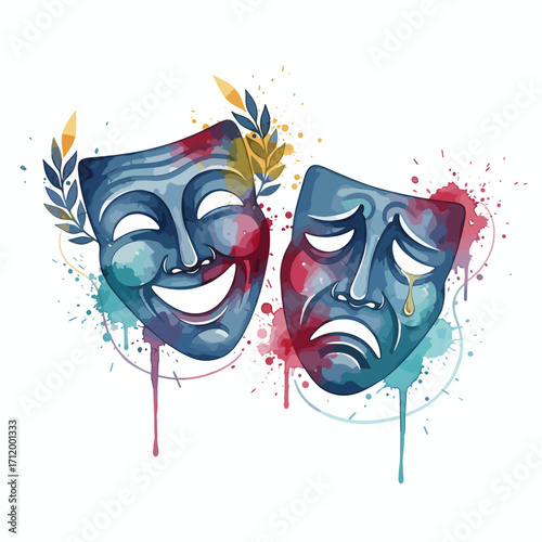 Watercolor vector illustration two theater masks happy and sad on white background