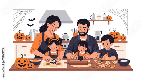 Halloween Family Baking: Capturing the heartwarming scene of a family, joyfully engaged in baking festive Halloween cookies in their cozy kitchen. The image exudes a sense of togetherness, tradition.