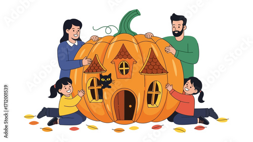 Family's Halloween Pumpkin House: A heartwarming illustration captures a family's togetherness as they create a whimsical pumpkin house, embodying the spirit of Halloween and familial unity.
