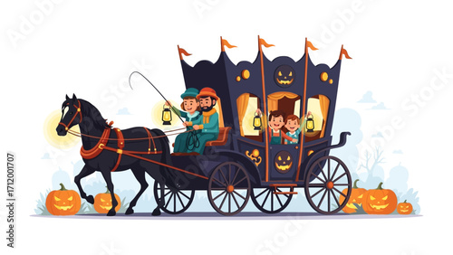 Halloween Horse Carriage Ride: A festive illustration of a Halloween carriage, joyfully carrying passengers amidst glowing jack-o'-lanterns, capturing the enchantment of the season.