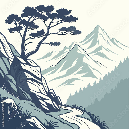 Serene mountain landscape with pine tree, stylized vector art for travel and nature themes