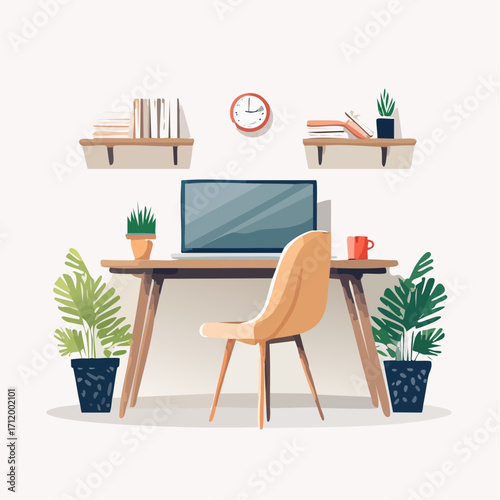 A modern minimalist home office setup with laptop, ergonomic chair, and plants, creating a productive and serene environment for remote work and study