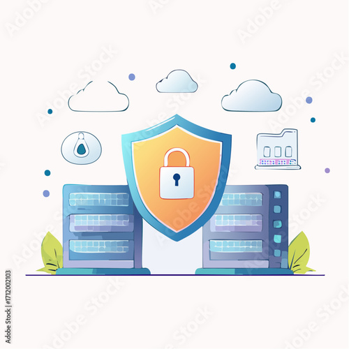 Data Security Shield Cloud Server Protection with Secure Lock Illustration