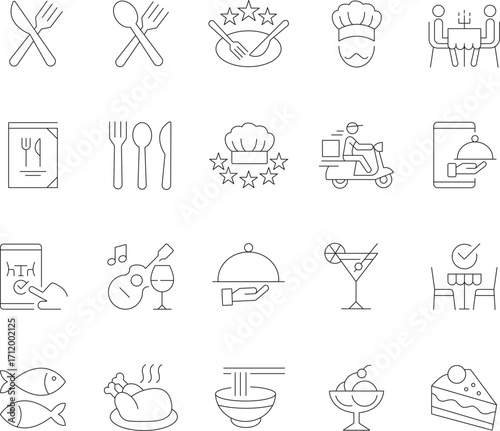 Collection of modern editable stroke restaurant and food service line icons for digital and print design