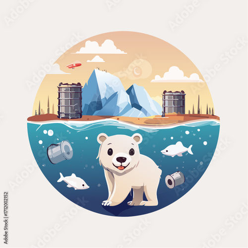 Environmental awareness with a polar bear swimming in polluted water and human waste