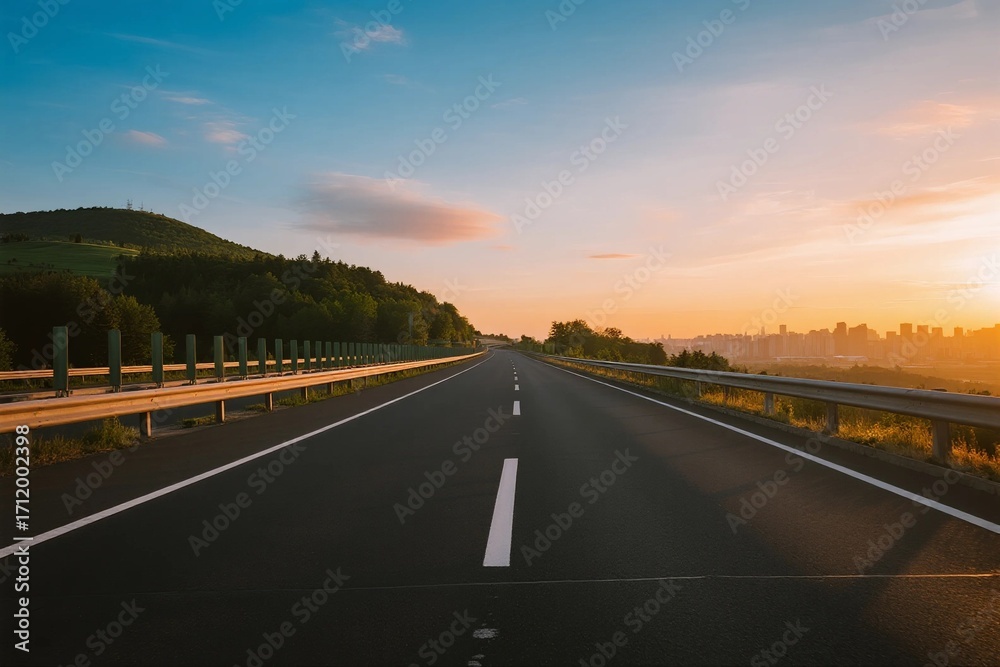 Fototapeta premium Scenic highway at sunset with clear sky and green landscape